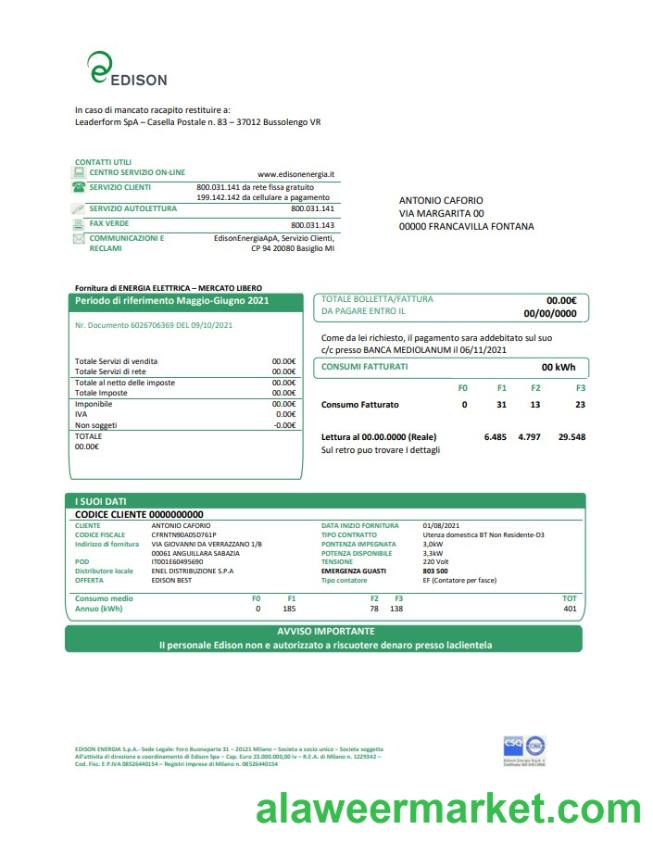 Italy Edison utility bill template in Word and PDF format, good for address prove